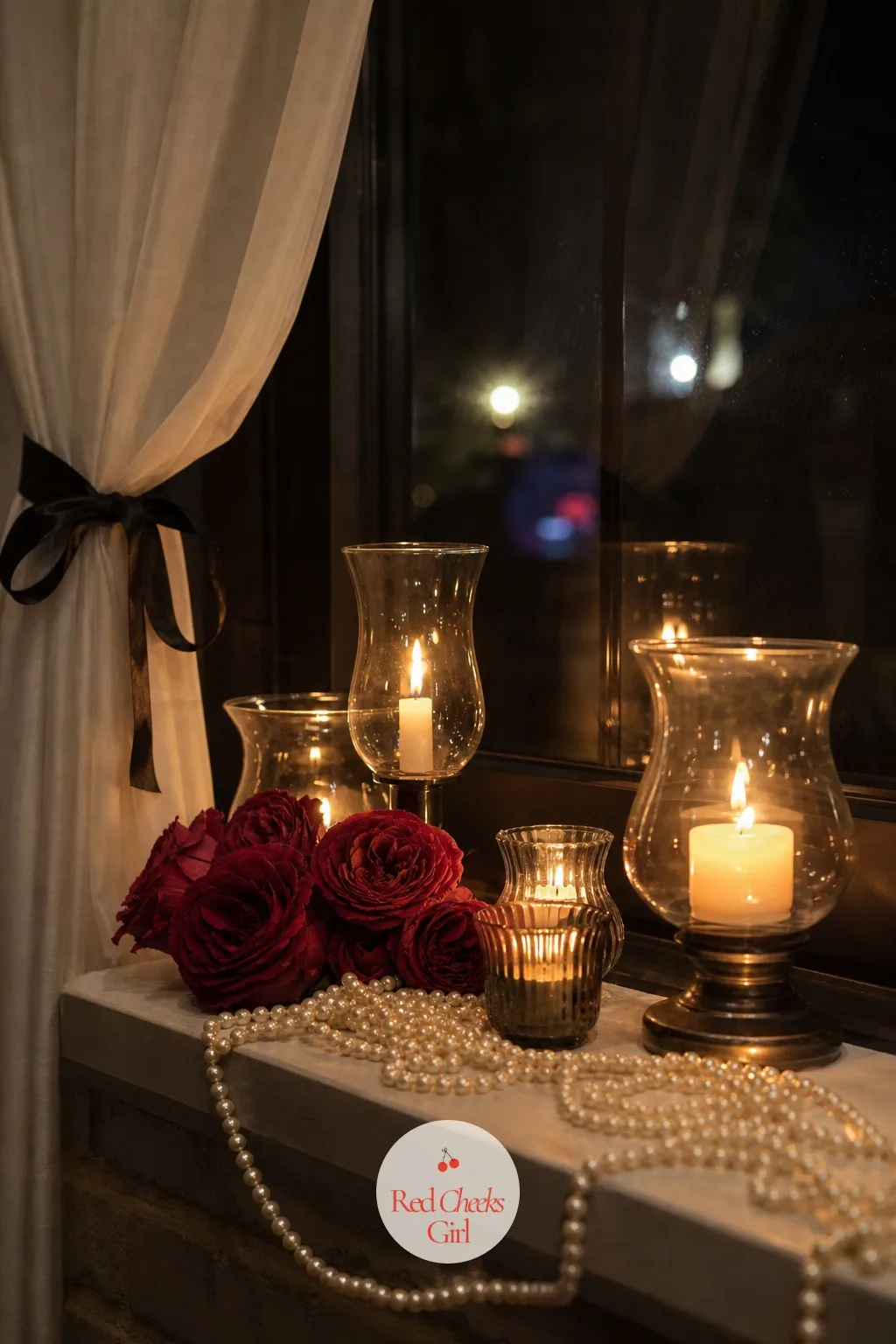 A Windowsill Lined With Candles and Pearls — A window at night is just a black rectangle unless something sits in front of it. Masquerade party decorations