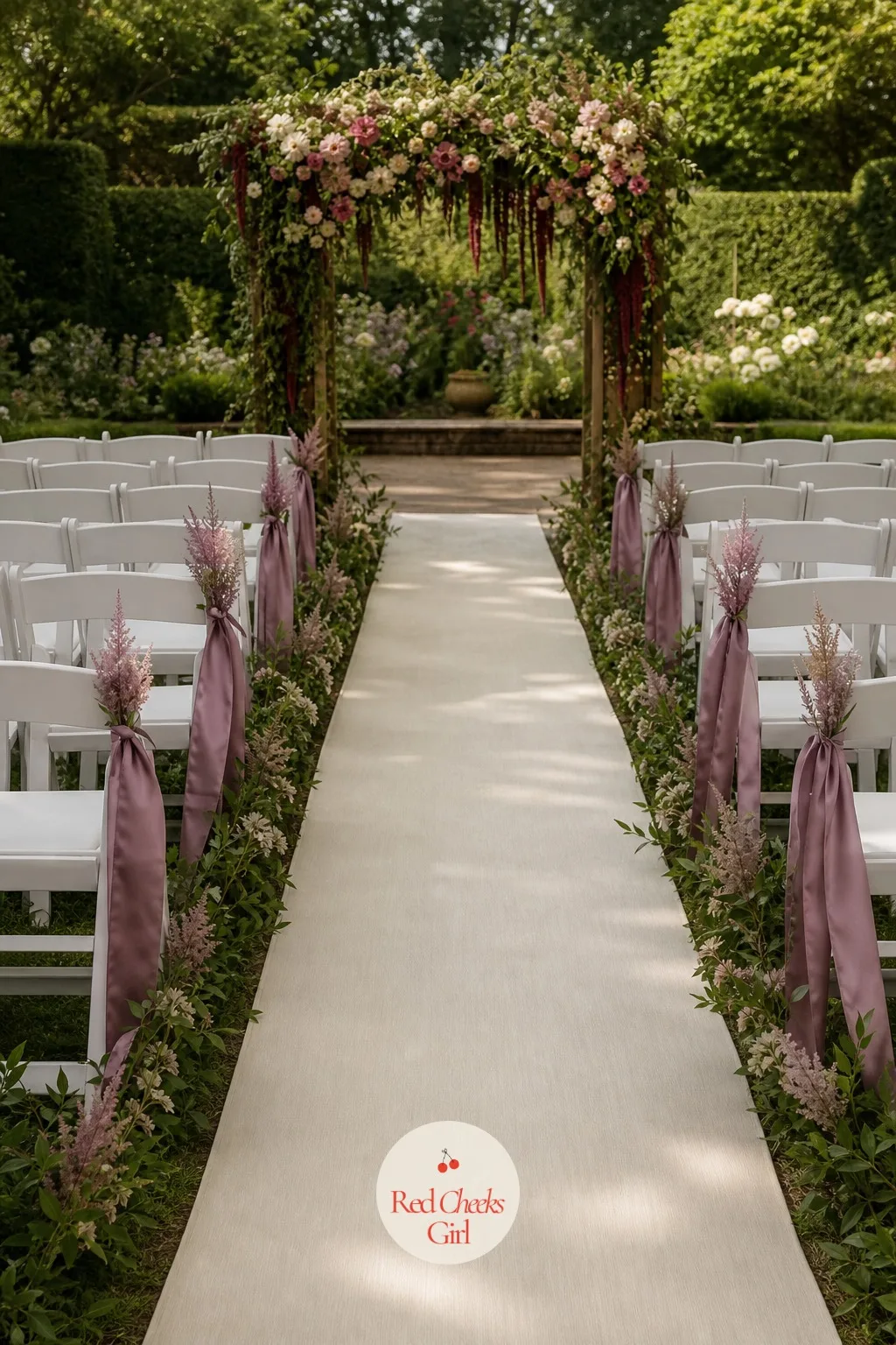The Aisle Runner and Chair Ribbons — A bare aisle feels unfinished the moment guests turn to watch the bride walk down it. Mauve wedding
