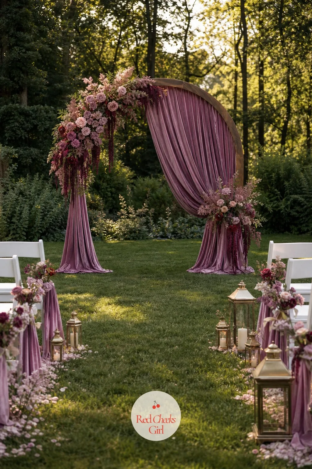 The Ceremony Arch — An empty arch at the front of a garden or barn looks like an afterthought. Mauve wedding