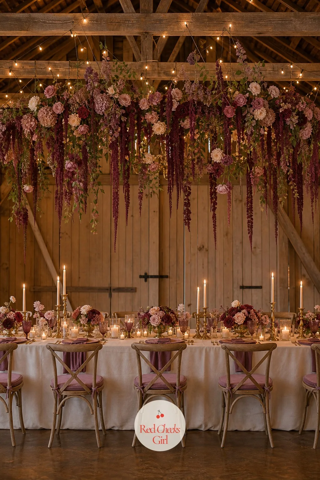 The Floral Canopy Over the Head Table — Look up over a head table with nothing but rafters above it and the eye has nowhere soft to land. Mauve wedding