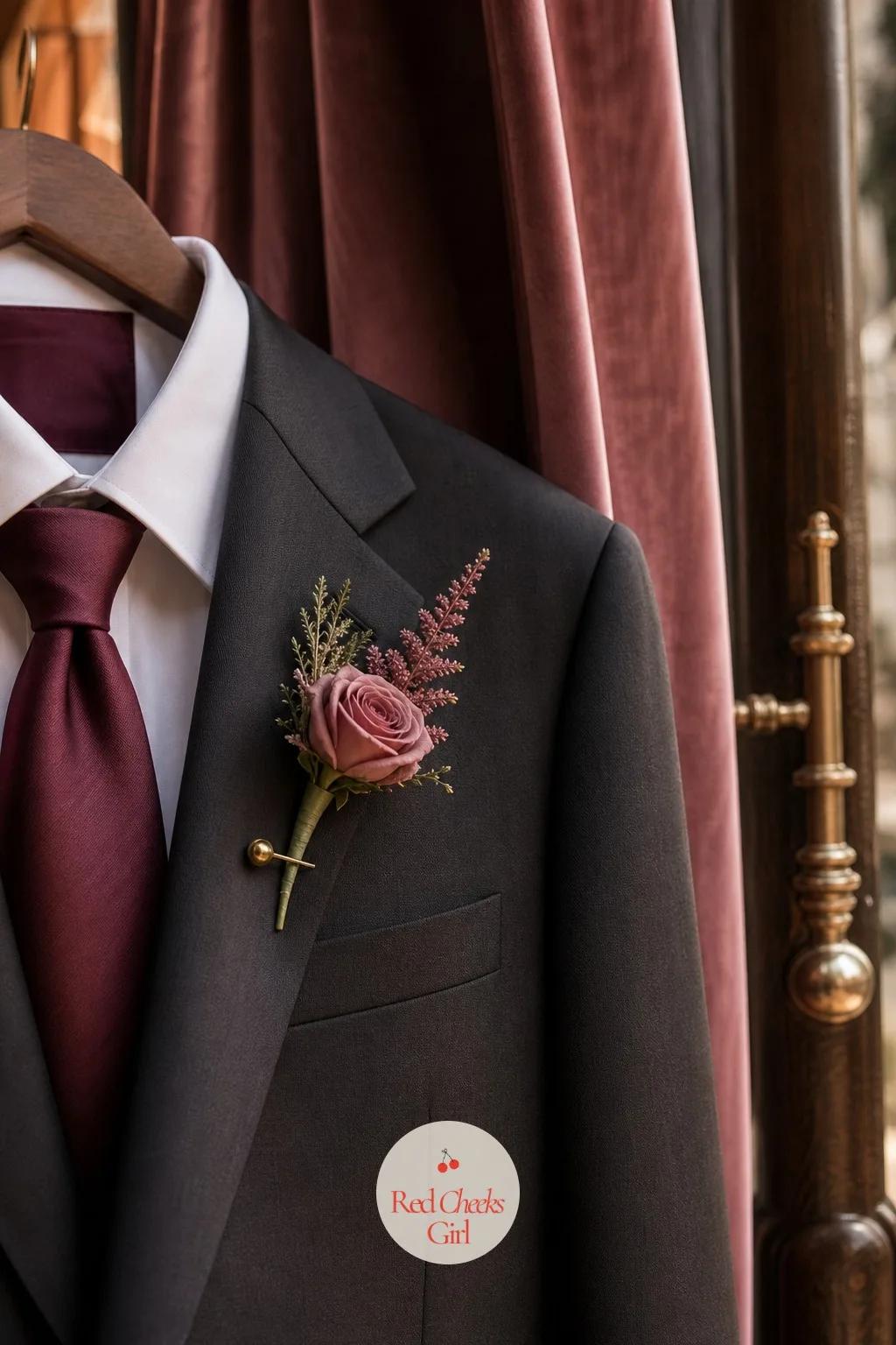 The Groom's Boutonniere and Tie — The groom's side of the photographs needs one anchor to the palette, not a full matching outfit. Mauve wedding
