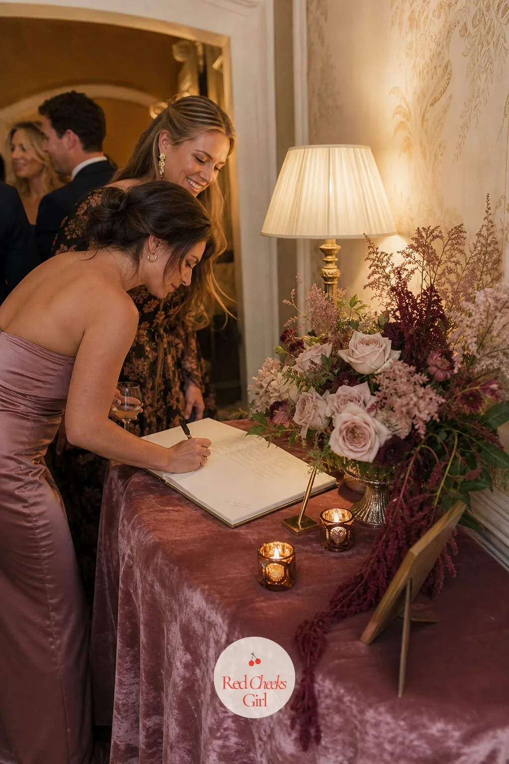 The Guest Book Table — A guest book left bare on a side table rarely gets more than a signature. Mauve wedding