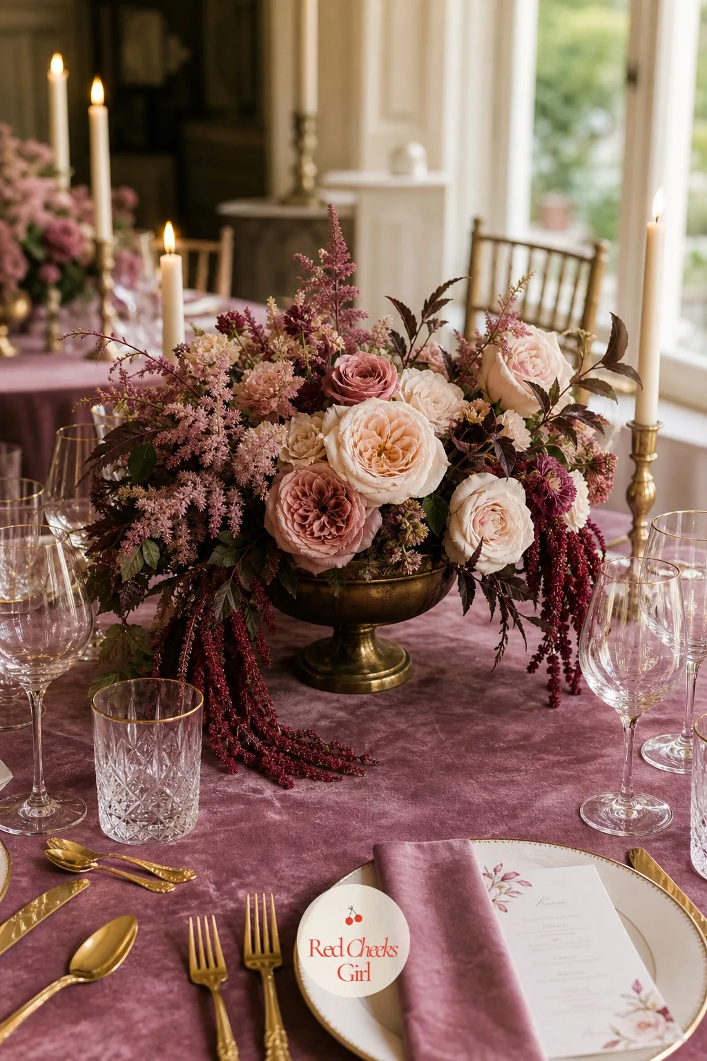 The Low Centerpieces — A table needs something to look at that sits below eye level, so guests can still see each other across it. Mauve wedding