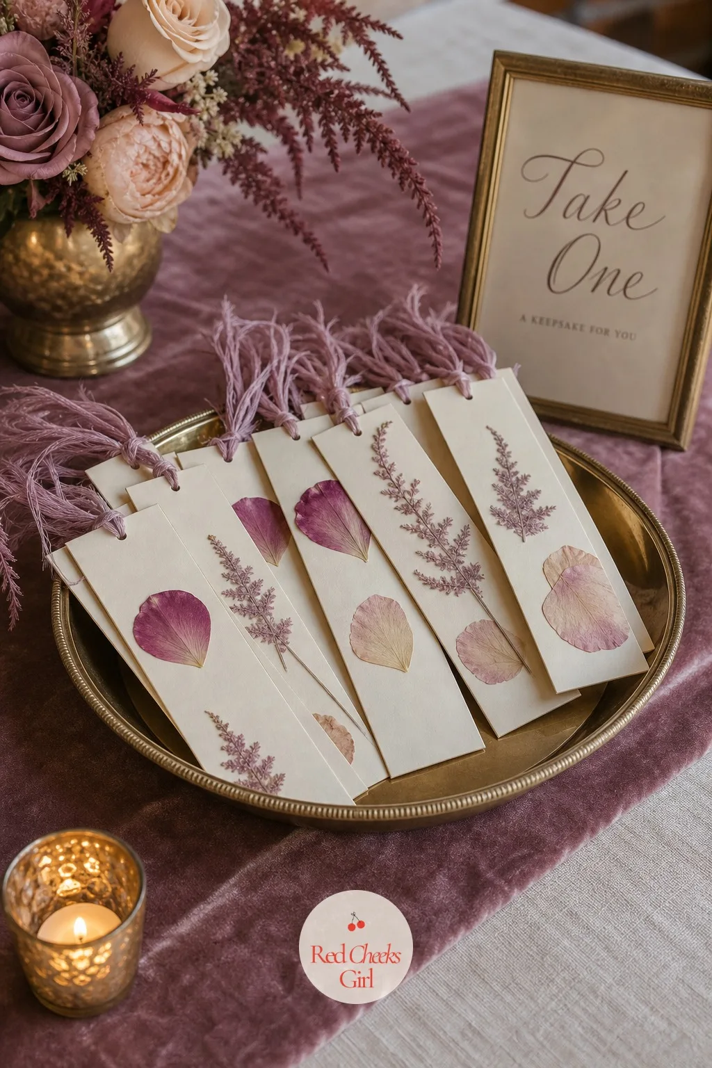 The Pressed Flower Bookmarks — A favor only earns its keep if it gets used after the wedding instead of left on the table. Mauve wedding