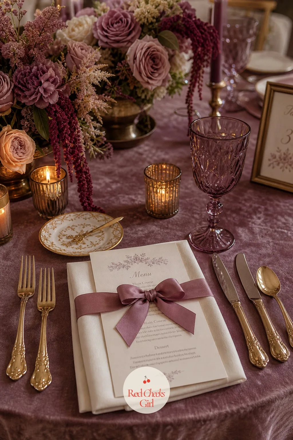 The Ribbon-Tied Menus — A dinner plate with nothing beside it leaves a guest guessing at the courses ahead. Mauve wedding