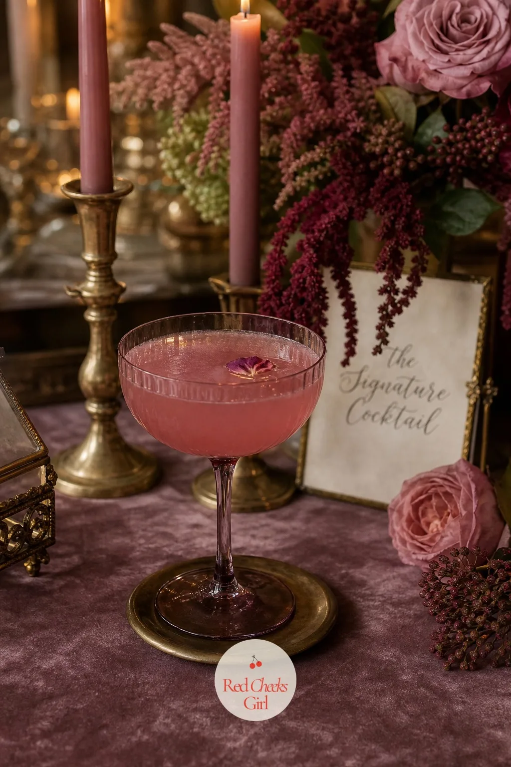 The Signature Cocktail — Cocktail hour needs one drink that looks like it belongs to this wedding and no other. Mauve wedding