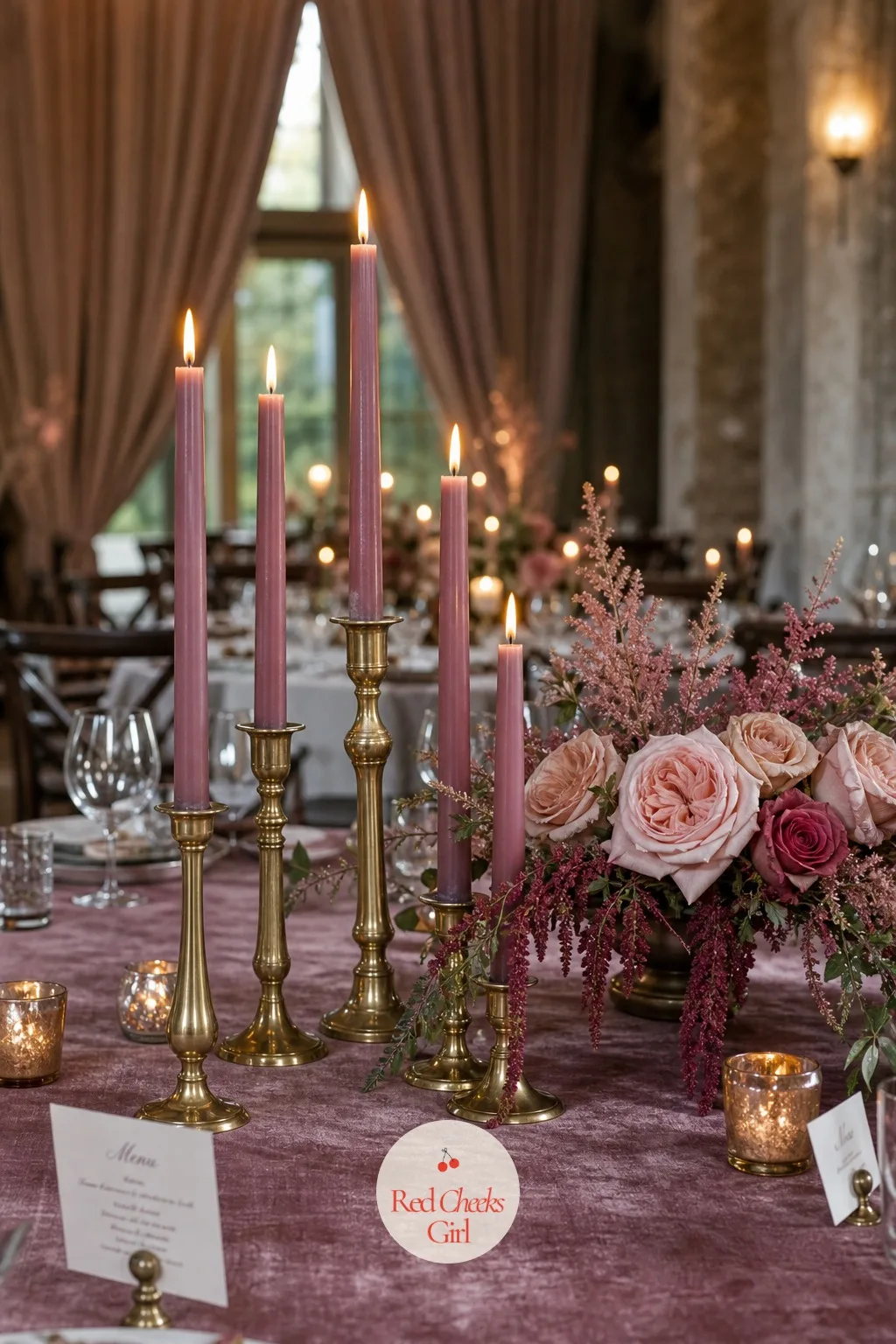 The Taper Candles in Brass Holders — Overhead lighting flattens a room; candlelight is what makes mauve velvet actually glow once the sun goes down. Mauve