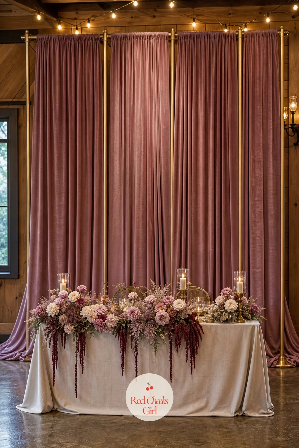 The Velvet Drapery Behind the Head Table — A blank wall behind the couple pulls every eye away from them instead of toward them. Mauve wedding