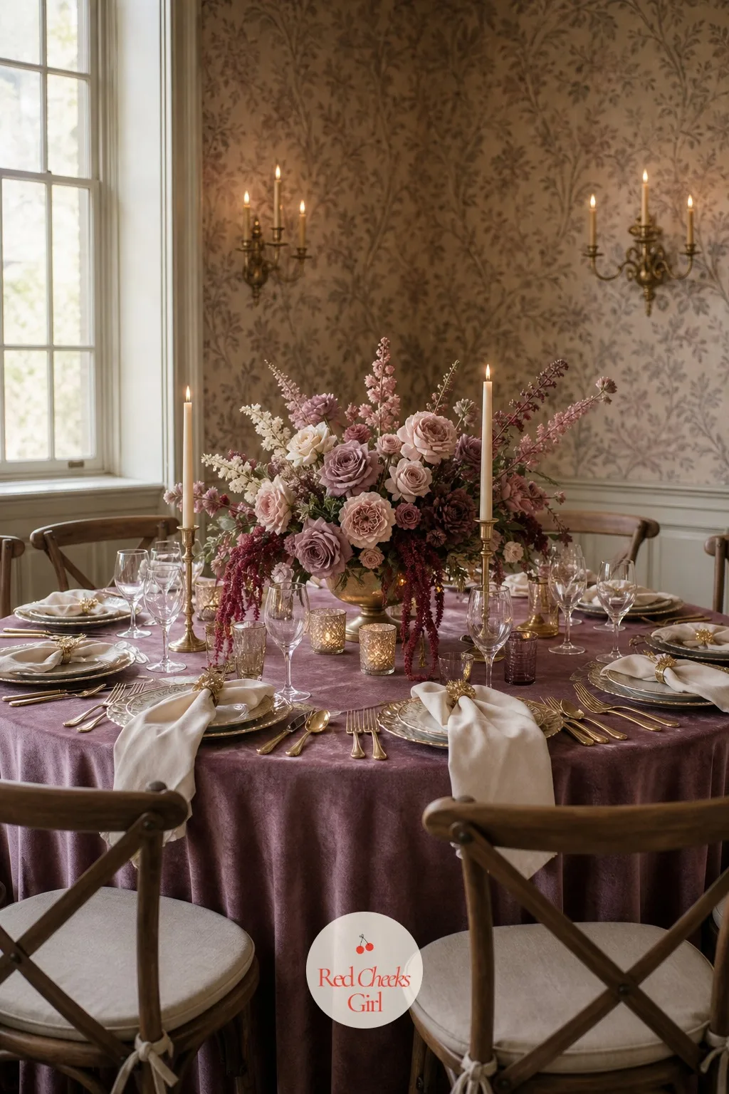 The Velvet Tablecloths and Vintage Gold Flatware — A table in plain white linen could belong to any wedding. Mauve wedding