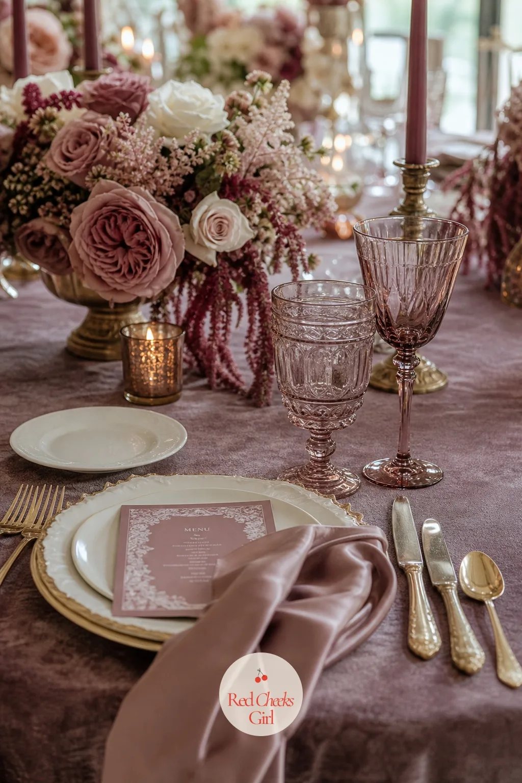 The Vintage Glassware — Clear glass at every setting is correct but it is not memorable. Mauve wedding
