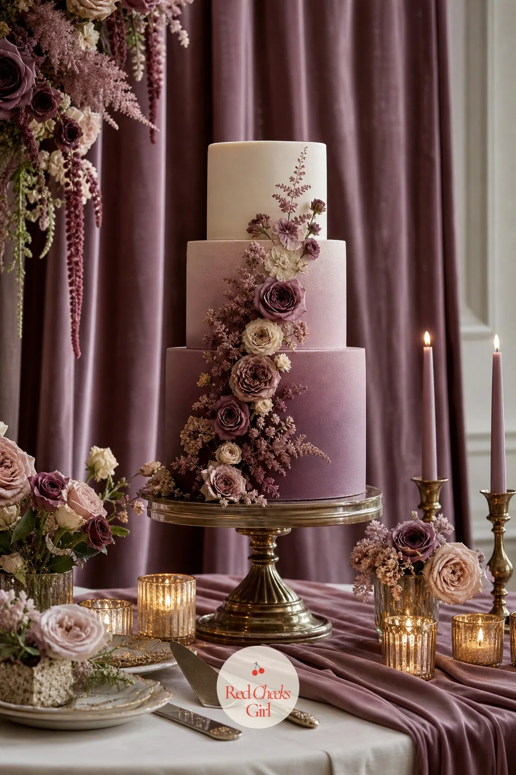 The Wedding Cake — A plain white cake disappears into the rest of a white dessert table. Mauve wedding