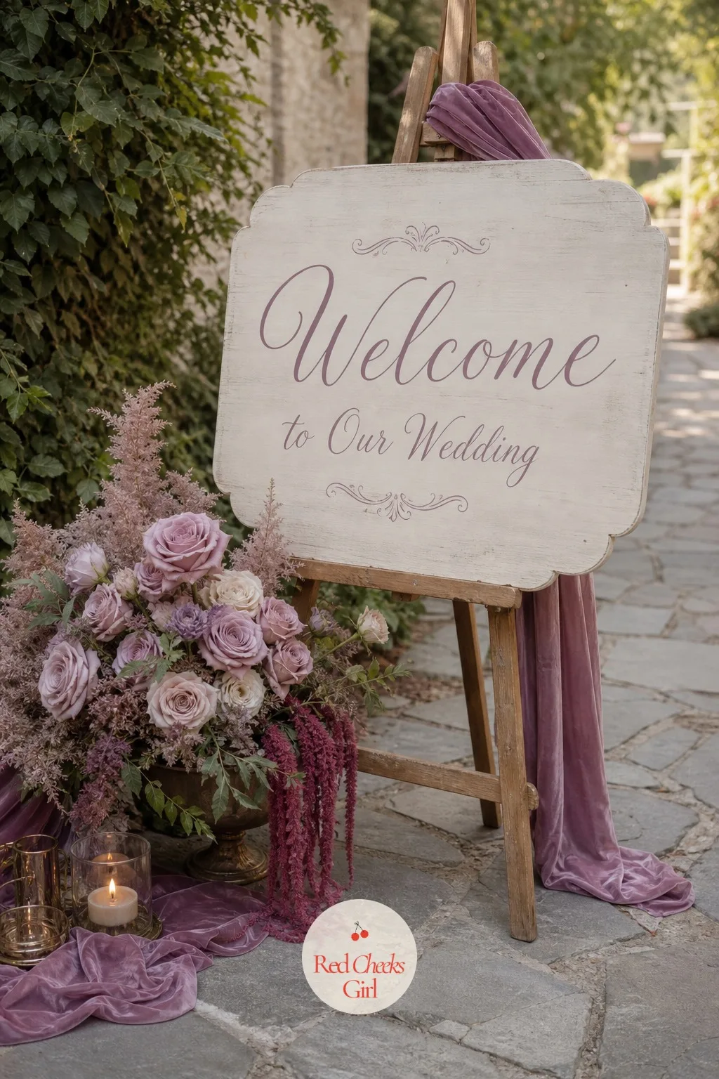 The Welcome Sign — Guests arrive unsure where to stand, and a sign at the entrance answers that before anyone has to ask. Mauve wedding