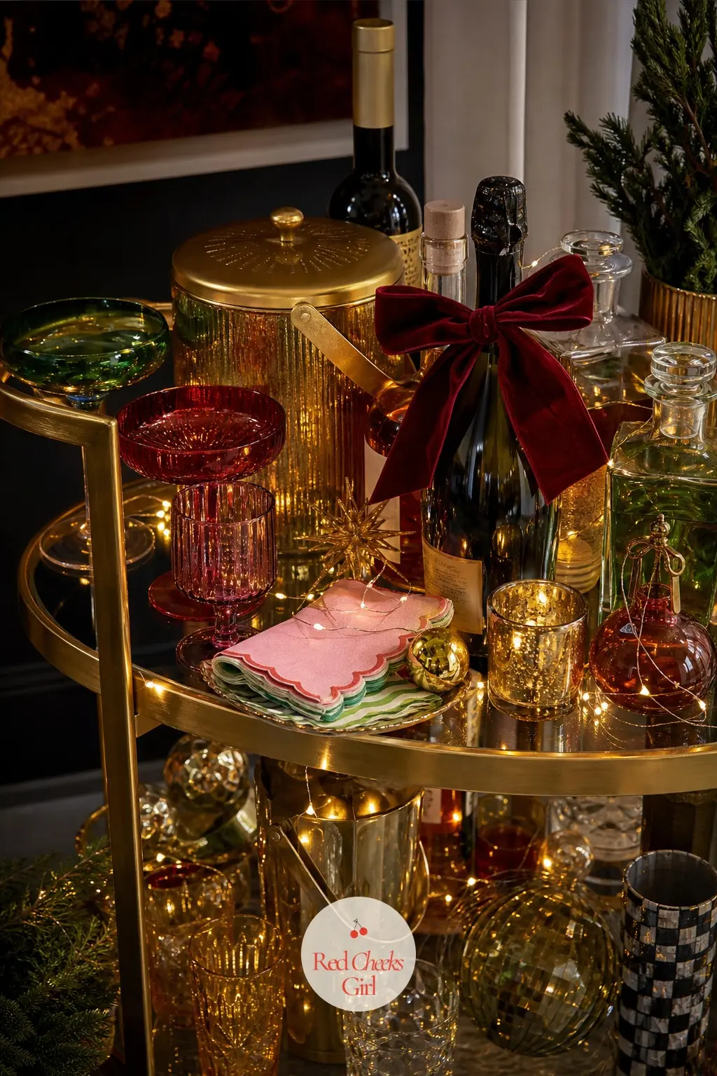 The Bar Cart, Stocked for a Party That Never Ends — This cart looks mid party at every hour: clashing cocktail napkins fanned out, glassware in three different