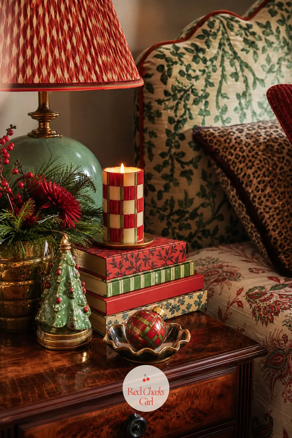 The Bedside Table, Layered in Pattern and Candlelight — The bedside table carries the palette at its quietest: a patterned candle, a stack of books in clashing