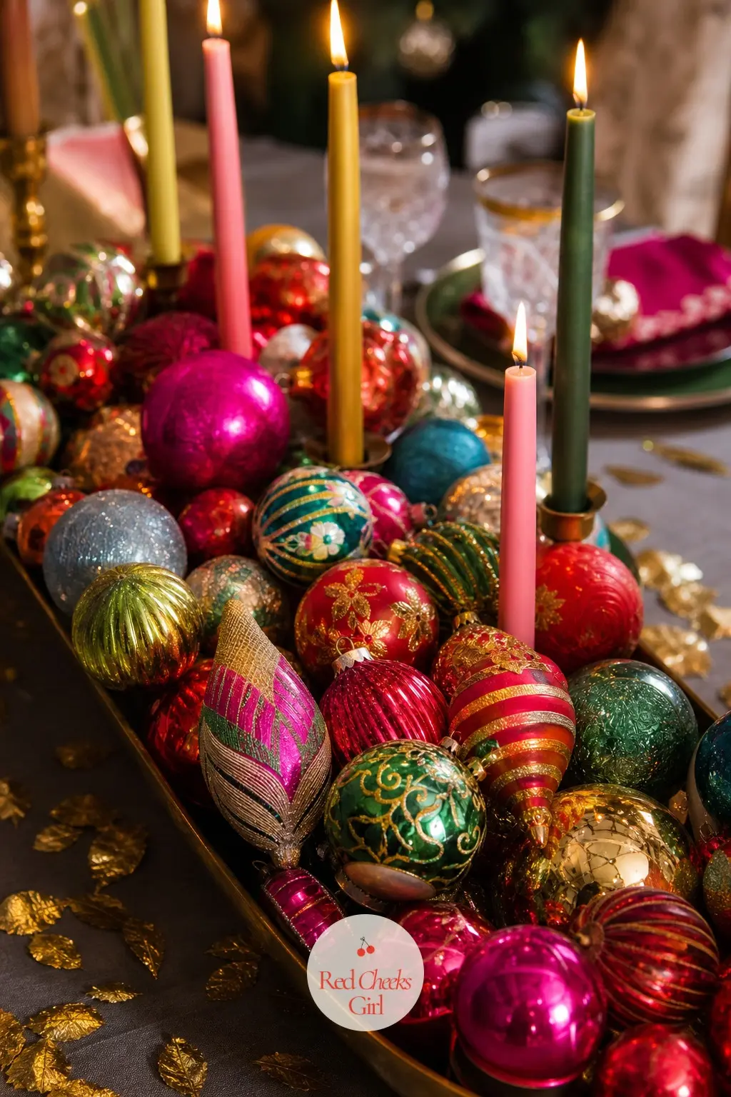 The Centerpiece, Crowded With Candles and Baubles — No single vase of flowers does the job here, the centerpiece is a cluster: a low bowl of loose baubles in