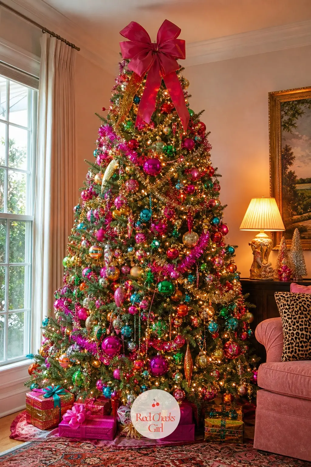 The Christmas Tree, Piled High in Every Clashing Color — This tree does not pick a palette and stick to it, it piles hot pink, emerald and tangerine baubles