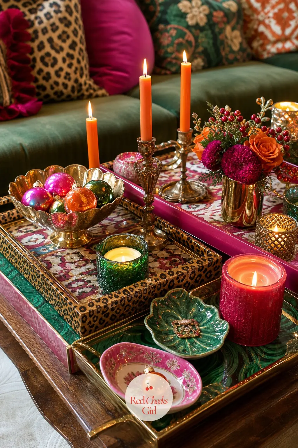 The Coffee Table, Stacked With Trays, Candles and Trinkets — A single tray of candles reads as styled. Maximalist christmas decor