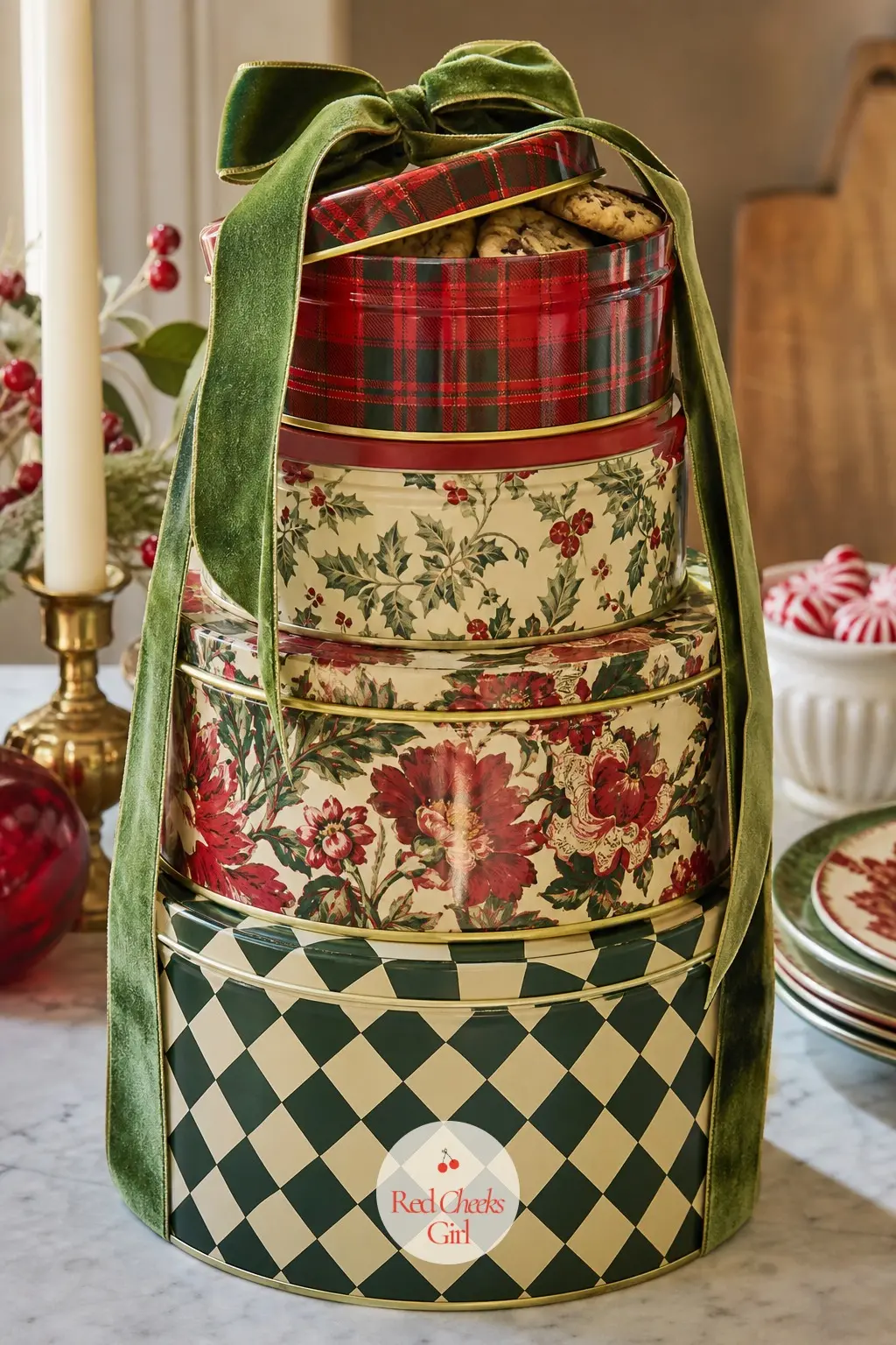 The Cookie Tin Stack, Piled on the Counter in Every Pattern — A stack of tins in clashing prints sits ready for gifting and grazing both: one floral, one