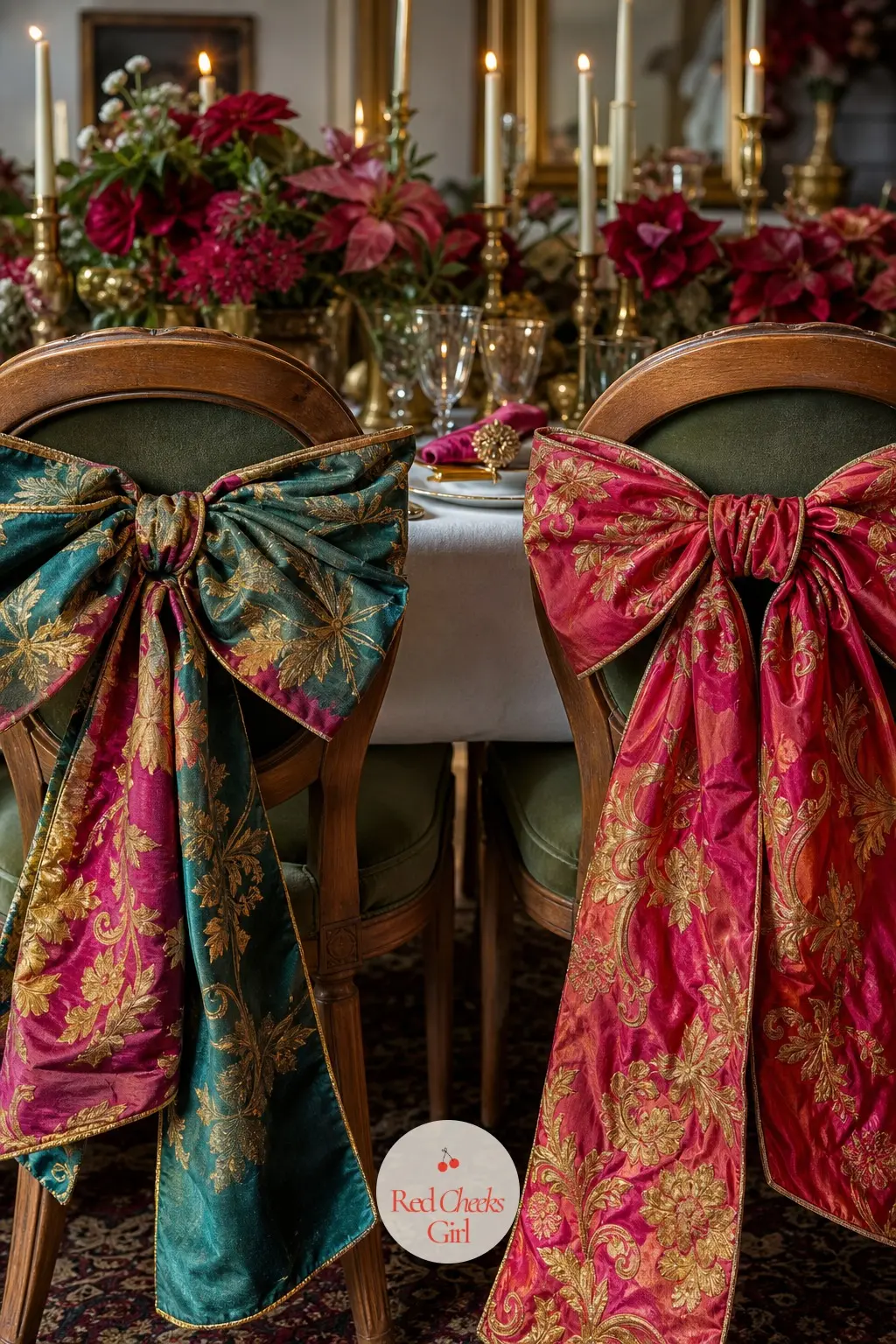 The Dining Chairs, Backed in Jumbo Bows — Each chair back wears its own jumbo bow, no two in quite the same fabric: one velvet, one taffeta, one shot through
