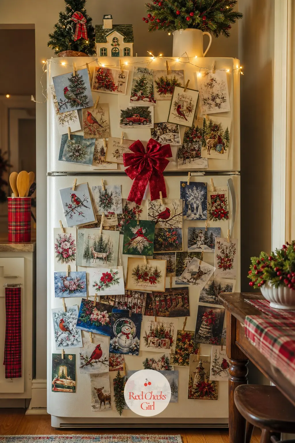 The Fridge Door, Collaged in Cards and Fairy Lights — The fridge door turns into a collage: every holiday card received so far clipped in overlapping rows, a