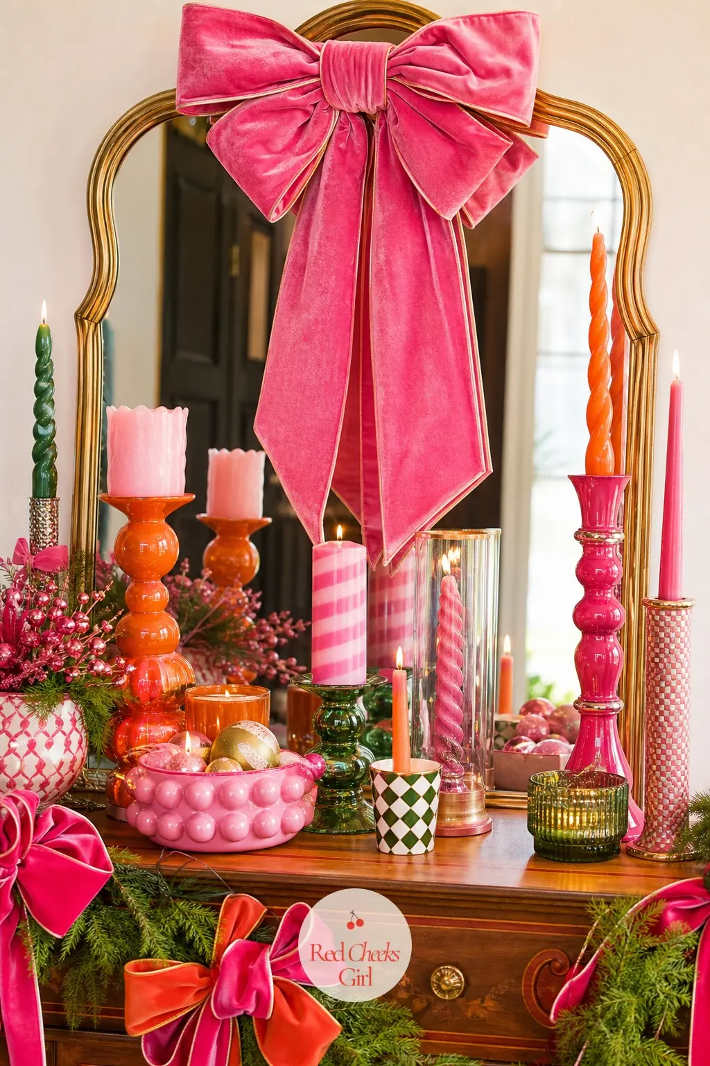 The Front Hall Console, Piled With Candles, Bows and Color — A console table is usually the first flat surface a guest sees, so this one gets no restraint at