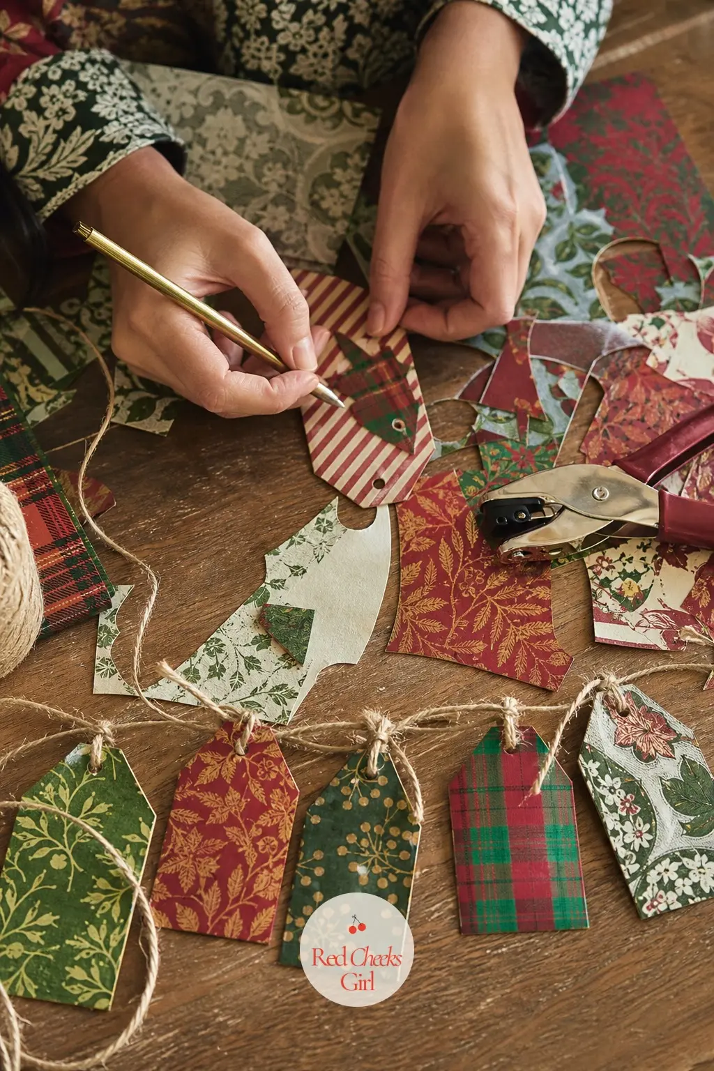 The Gift Tag Table, Cut From Last Year's Wrapping Paper — This small corner turns last year's leftover paper into this year's gift tags: scraps of clashing