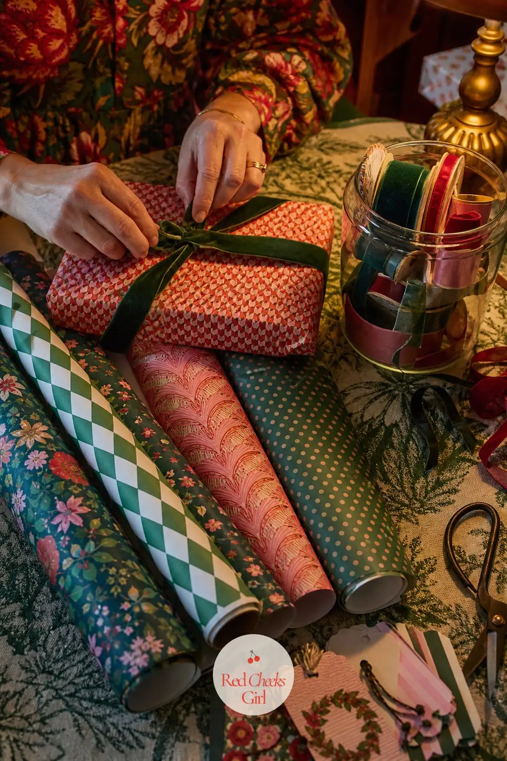 The Gift Wrapping Station, Papered in Clashing Prints — The wrapping station looks almost as festive as the finished presents: four rolls of clashing paper