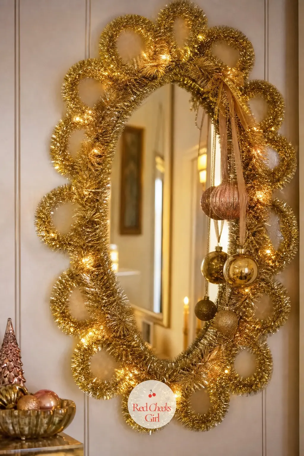 The Hallway Mirror, Framed in Loops of Tinsel and Light — A mirror in the back hallway gets looped in gold tinsel around its frame, with a strand of fairy