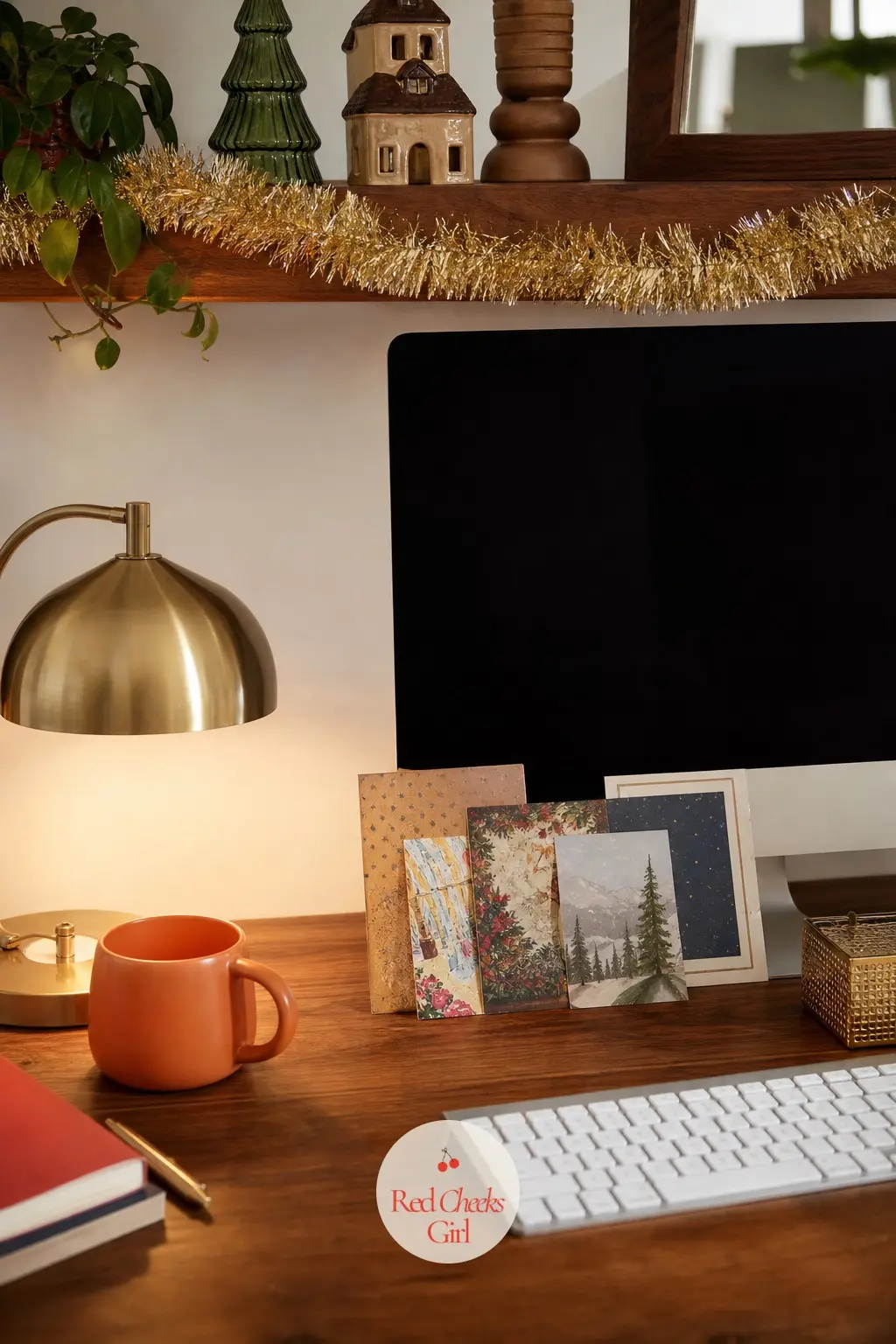 The Home Office Desk, Dressed in Tinsel and Cards — Work does not stop for the season, so the desk gets a thin layer of the same excess: a short length of