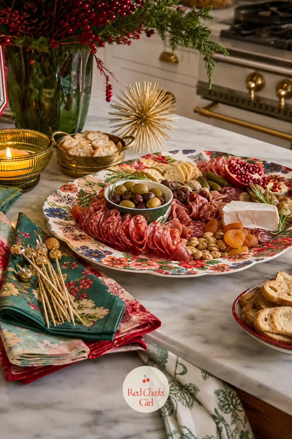 The Kitchen Counter, Set for Grazing All Night — The counter carries the same clash as the dining table, just more casual: a patterned platter piled with