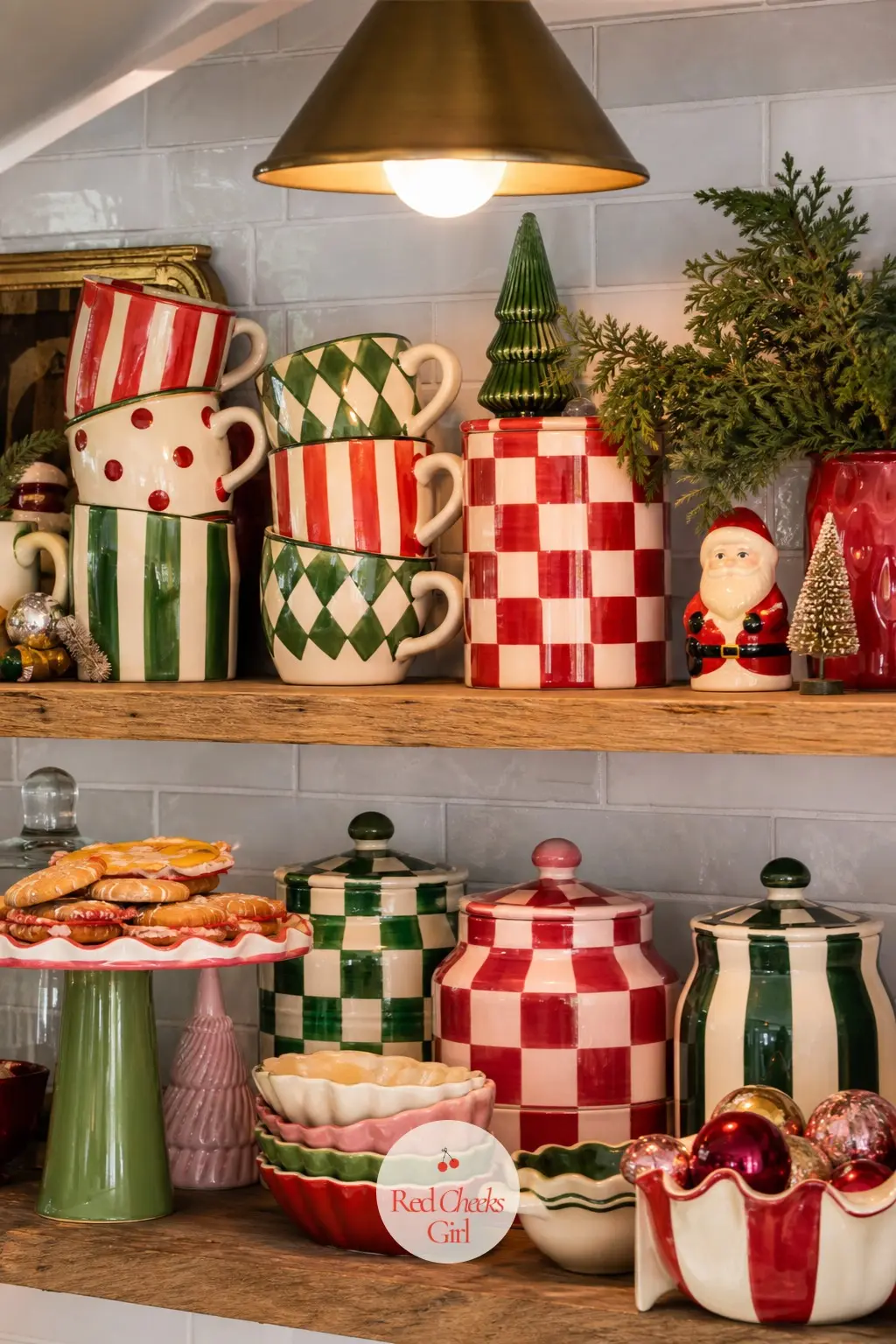 The Open Shelves, Crowded With Color and Pattern — Open shelves get no gaps at all here: patterned mugs stacked three high, a cake stand loaded with cookies