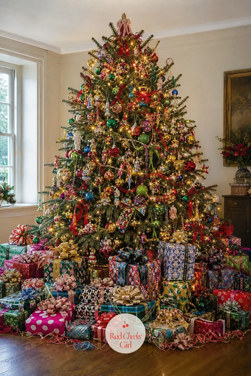 The Parcels Under the Tree, Piled in Every Pattern at Once — No two parcels under this tree share a paper. Maximalist christmas decor