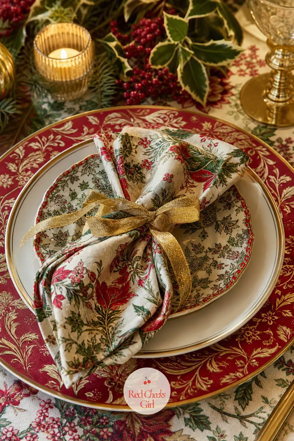The Place Settings, Stacked Plate on Plate on Pattern — Each place setting stacks a patterned charger under a solid dinner plate under a smaller patterned