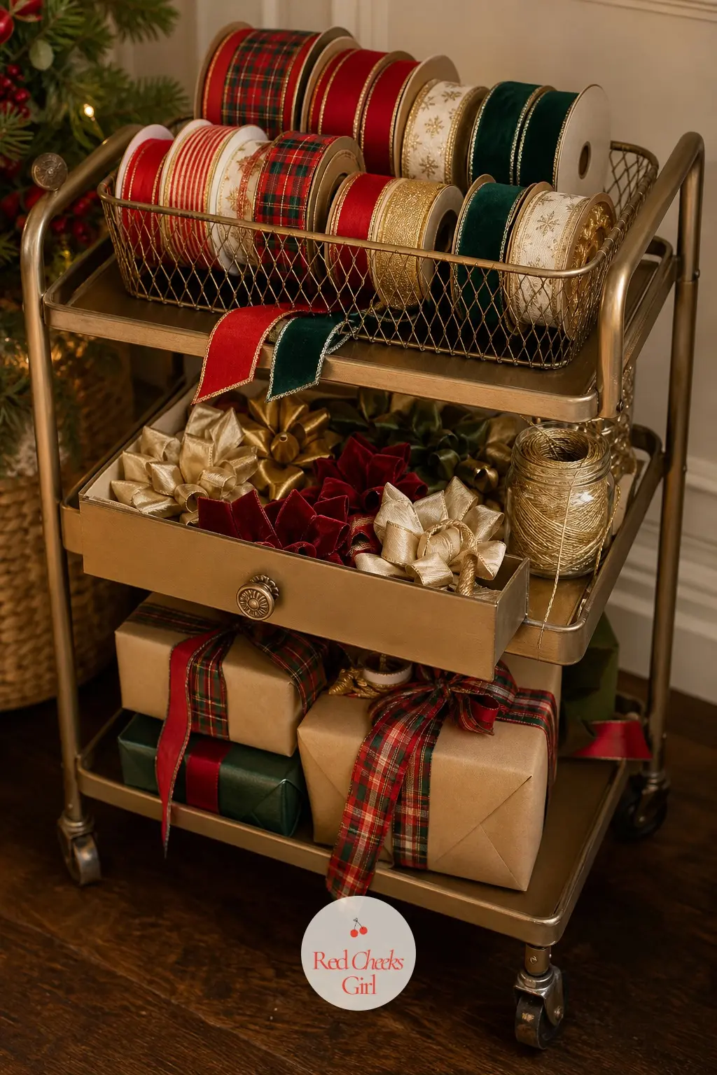 The Ribbon and Bow Trolley, Rolled Out for the Whole Season — A small trolley holds the overflow: ribbon spools stacked in a wire basket, a drawer of loose