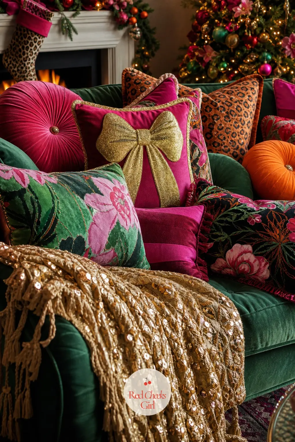 The Sofa, Buried in Clashing Pillows and Throws — No two pillows on this sofa share a print, and that is deliberate. Maximalist christmas decor
