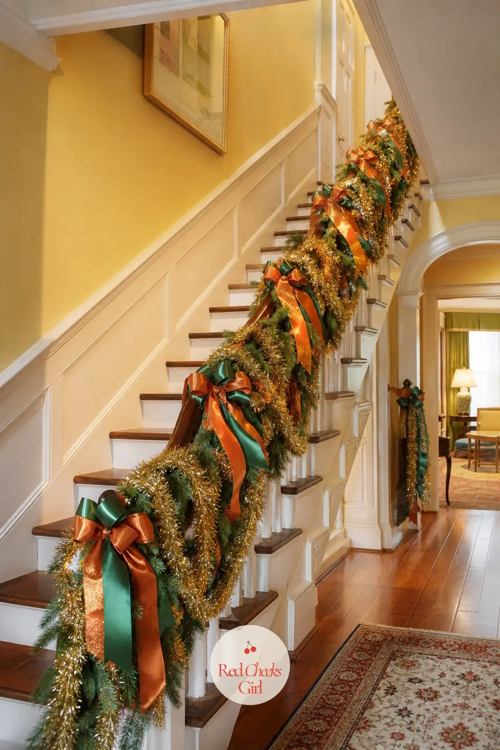 The Staircase, Wrapped Three Garlands Deep — One garland on a banister reads as tasteful. Maximalist christmas decor