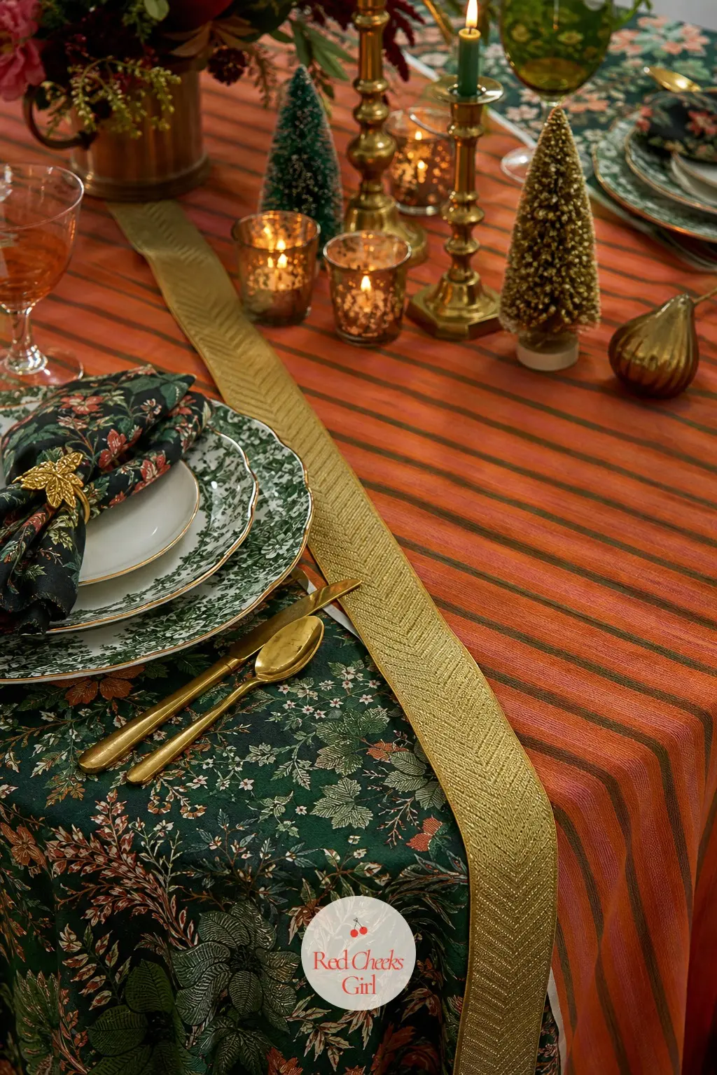 The Table Cloth and Runner, Layered in Patterns That Clash on Purpose — The base layer sets the tone for everything stacked above it: a patterned cloth in