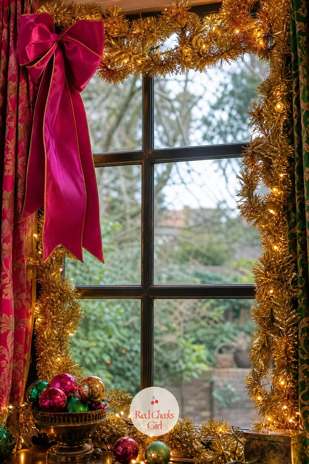 The Window, Looped in Tinsel and Fairy Lights — The window frame gets the same volume as the staircase: tinsel looped twice around, fairy lights threaded