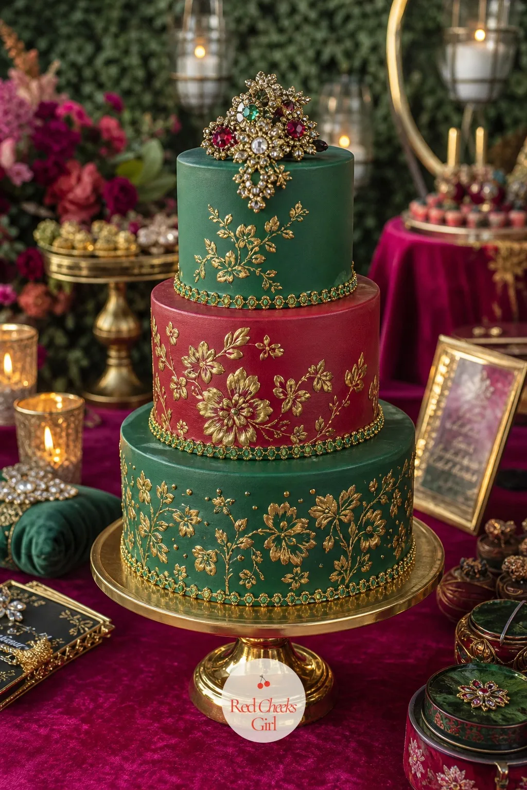 A Bold Color Wedding Cake — Three tiers of white fondant vanish next to everything else going on in this room. Maximalist wedding decor