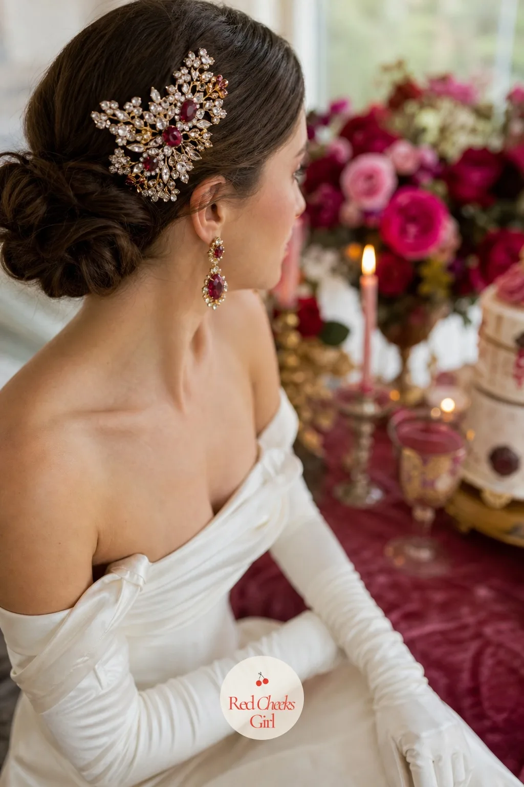 The Bride's Bold Accessories — A plain veil and simple stud earrings read as an afterthought next to a room working this hard. Maximalist wedding decor