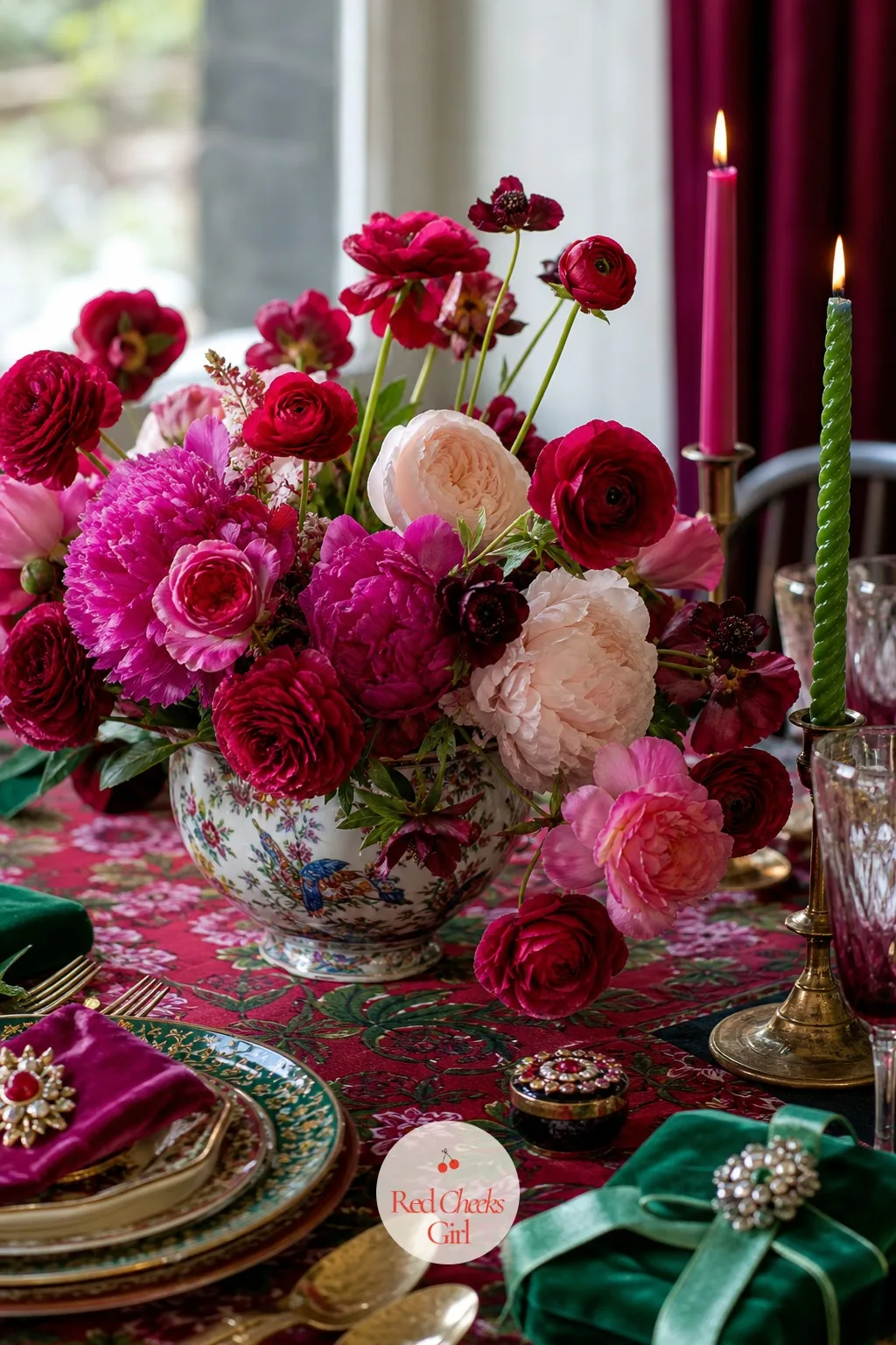 Centerpieces of Clashing, Overflowing Blooms — A tidy round centerpiece with every stem the same height looks like a matching set, which is exactly what this