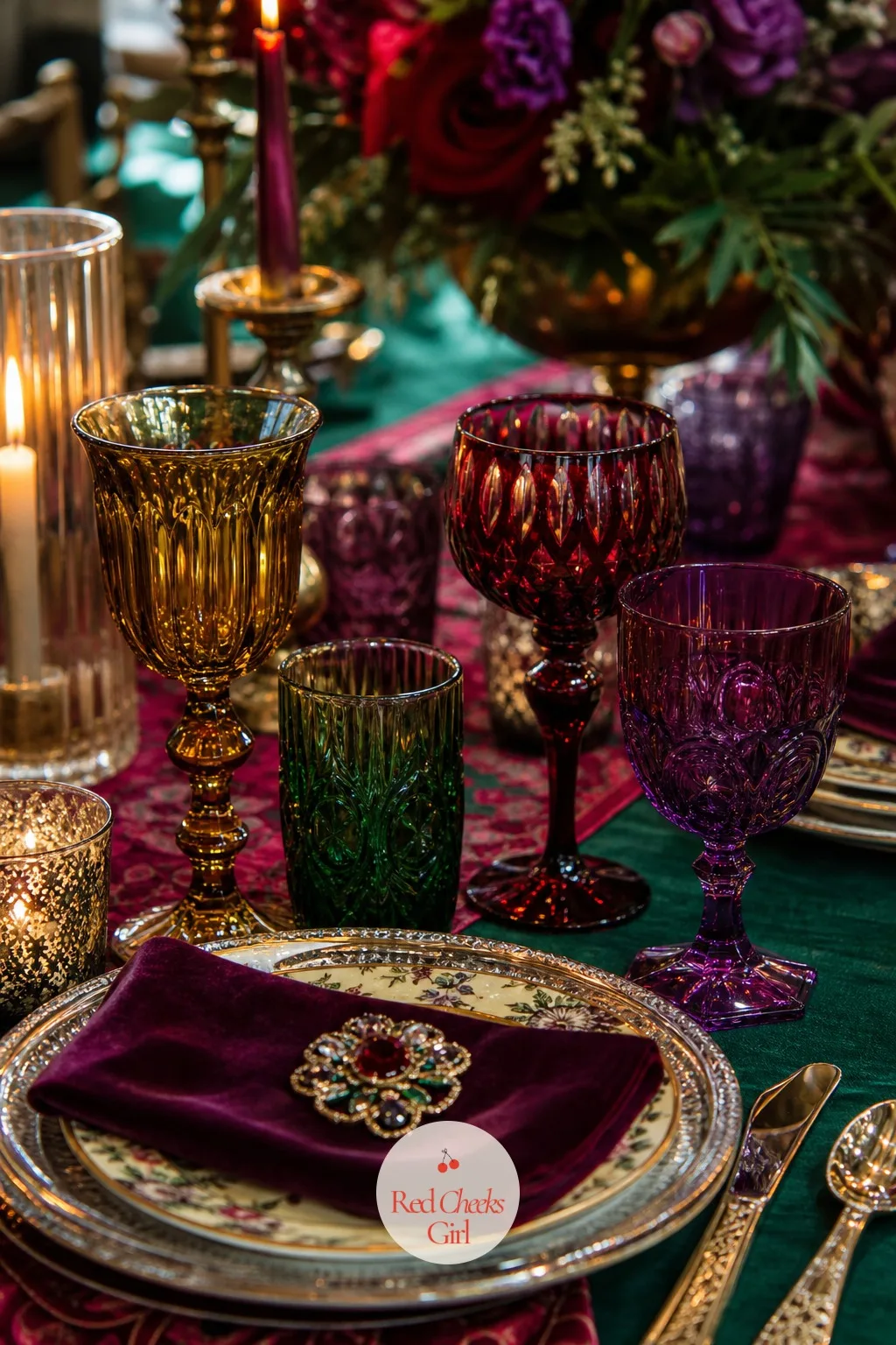 Colored Glassware in Jewel Tones — Clear glass all but disappears under reception lighting. Maximalist wedding decor