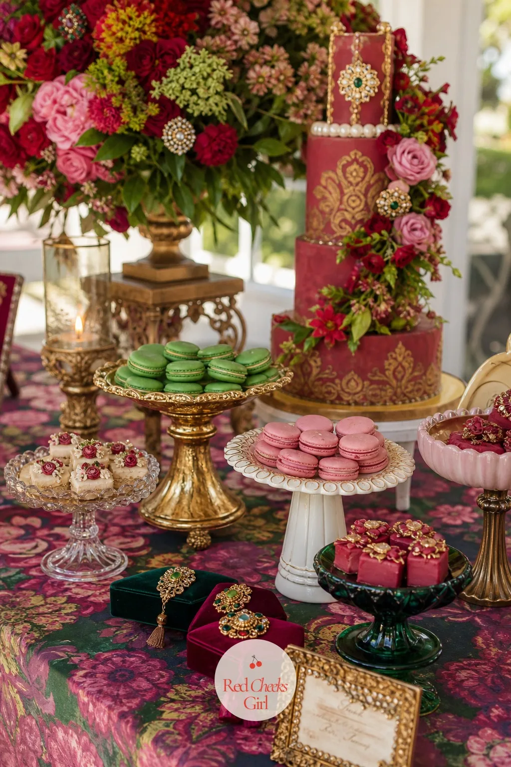 A Dessert Table of Mismatched Stands — A single cake standing alone looks lonely on a table built for this much pattern. Maximalist wedding decor