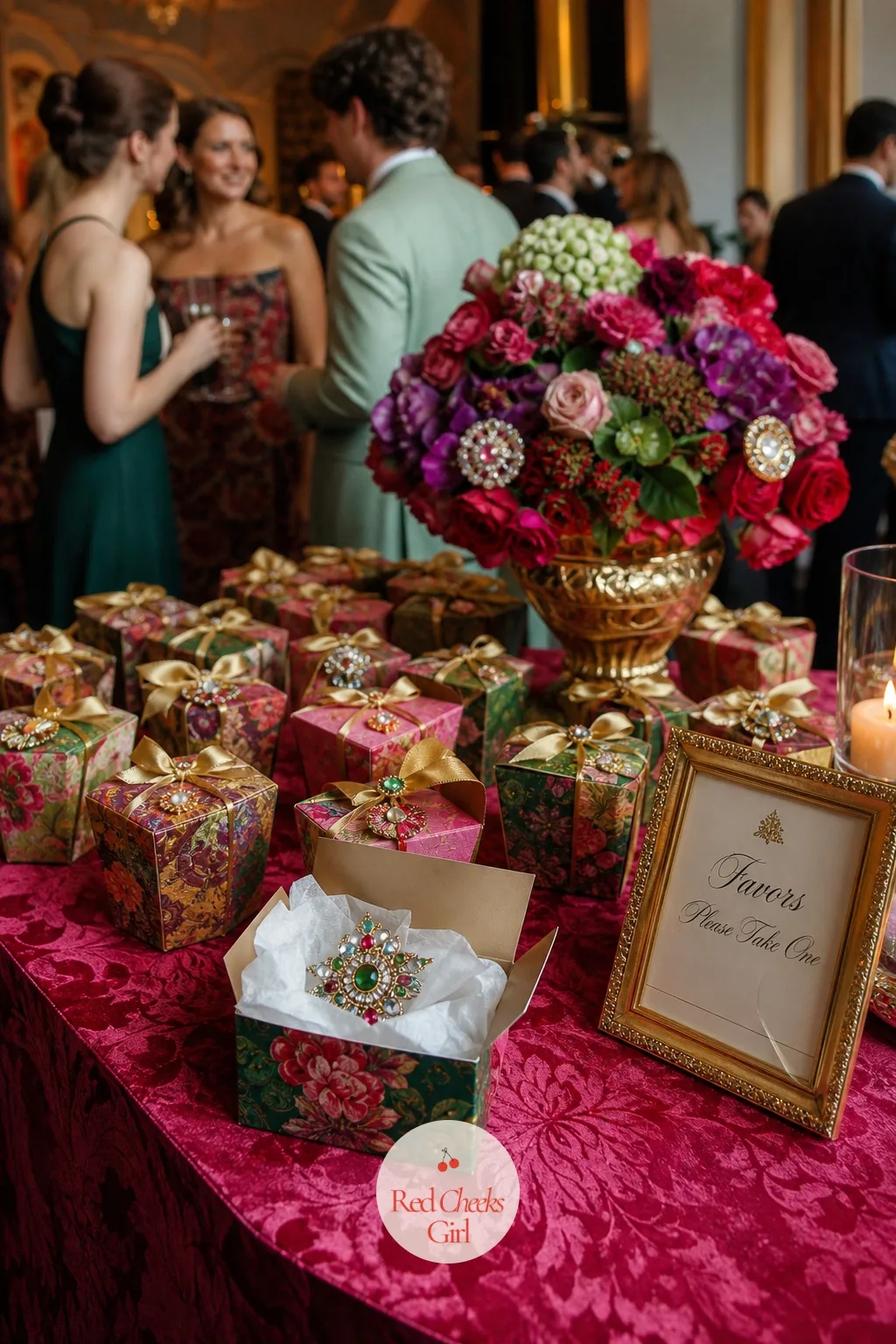 Favors Guests Actually Keep — A plain almond favor bag with a ribbon gets left behind on the table every single time. Maximalist wedding decor