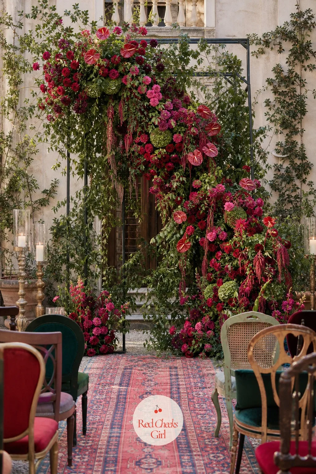 Layered Ceremony Backdrop with Overflowing Florals — A single arch of matching white roses never had a chance here, and she knows it. Maximalist wedding decor