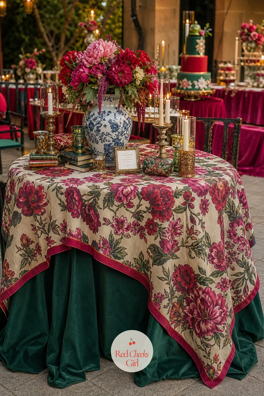 Layered Patterned Tablecloths — One flat cloth looks sparse on a large round table surrounded by everything else going on. Maximalist wedding decor