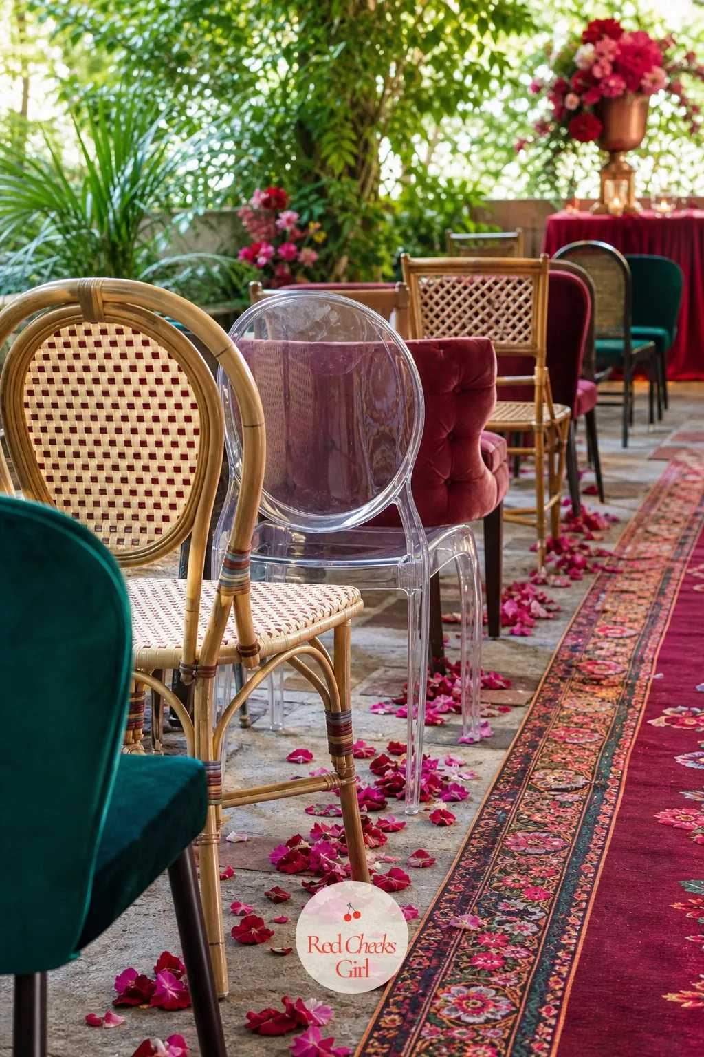 Mismatched Ceremony Chairs — Rows of identical folding chairs look rented, because they are. Maximalist wedding decor