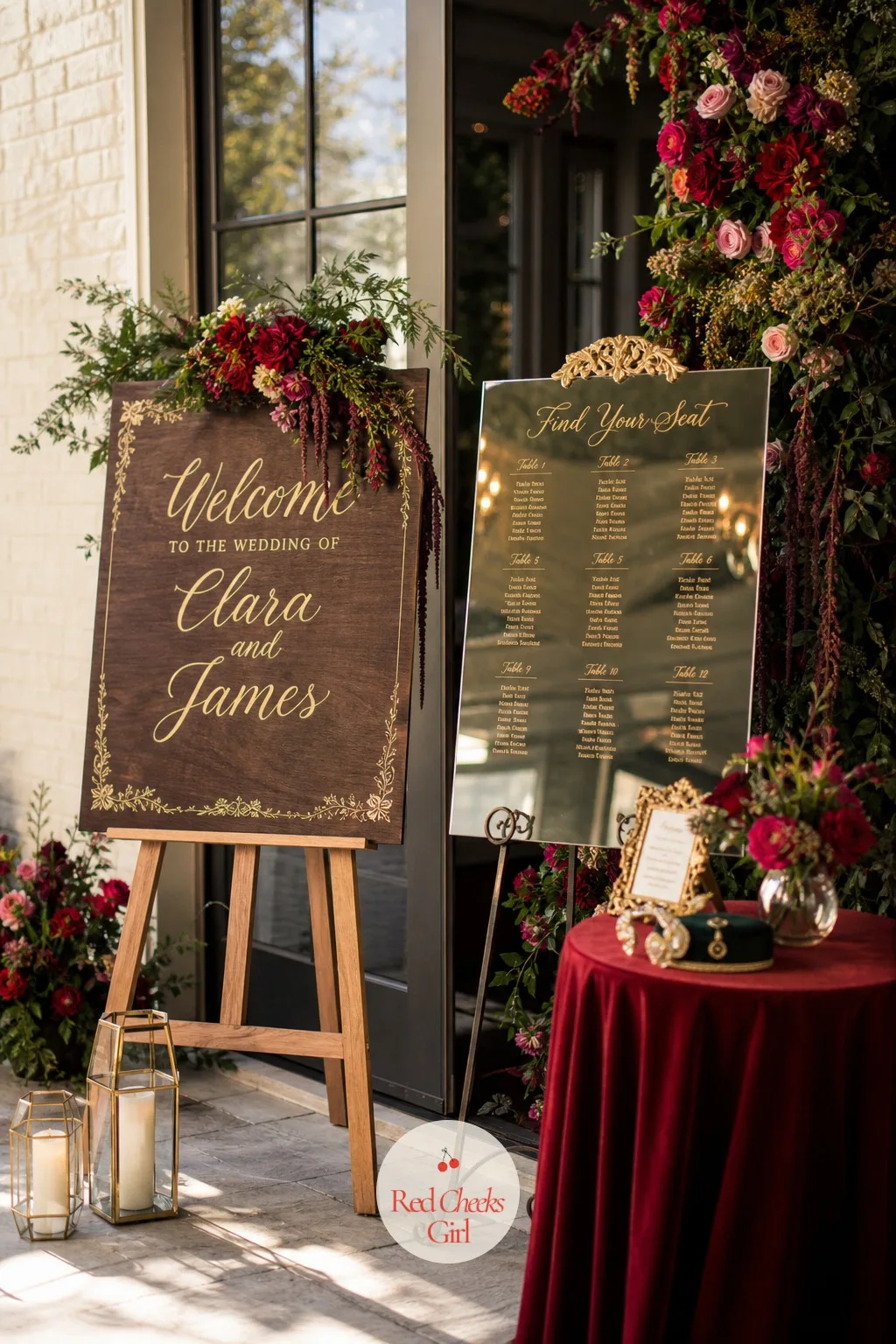 Mismatched Welcome and Table Signage — One printed acrylic sign at the door feels thin for a room working this hard everywhere else. Maximalist wedding decor