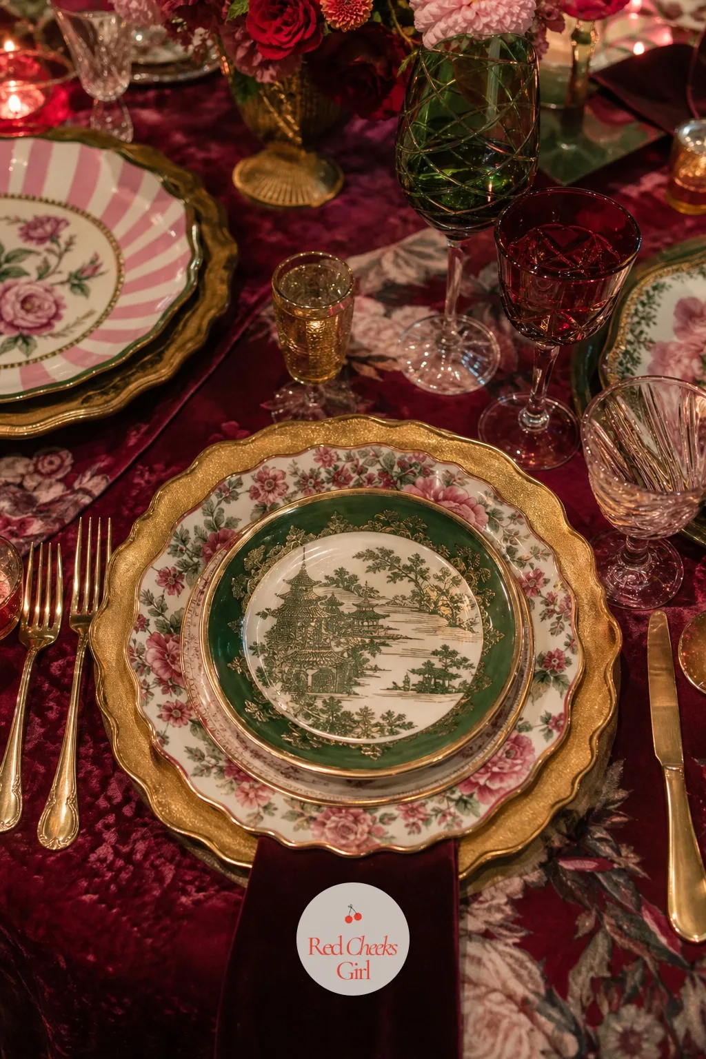 Mixed Patterned Dinner Plates — A matching china set feels like it belongs to a hotel ballroom, not a wedding this loud. Maximalist wedding decor