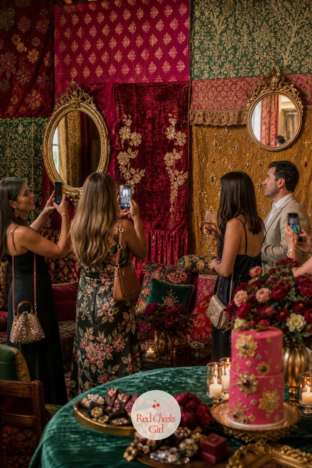 A Photo Wall of Clashing Textiles — A step and repeat photo backdrop looks like it belongs at a product launch, not a wedding. Maximalist wedding decor
